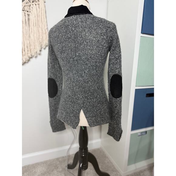 Anthropologie Sparrow Black Velvet Corduroy Trim Elbow Patch Gray Wool Cardigan - Picture 2 of 6